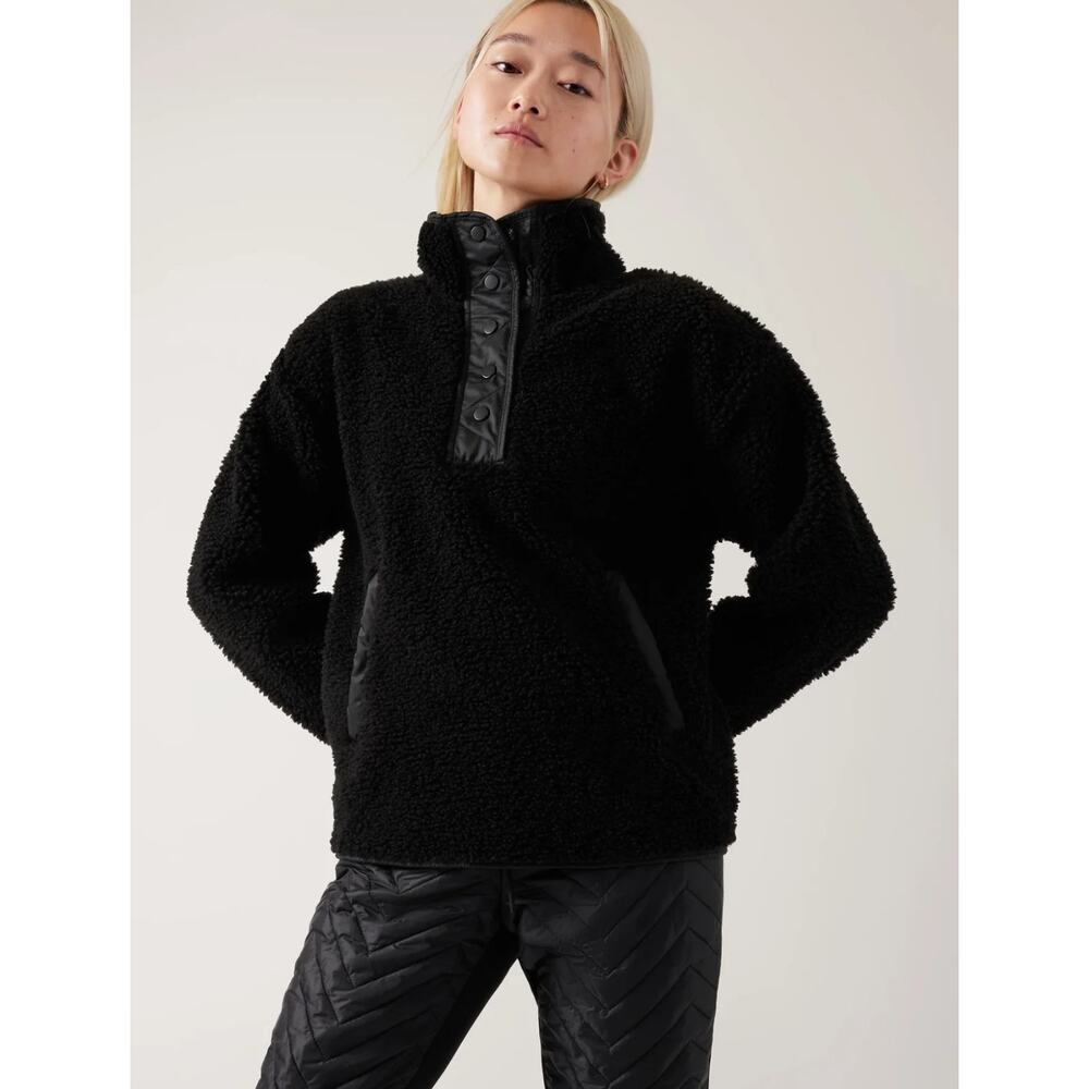 Athleta Cozy Sherpa Snap Sweatshirt S Black Oversized Cozy Outdoor Chic Travel